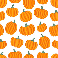 Bright orange pumpkins on white background. Autumn seamless pattern. Cartoon style. Vector illustration.