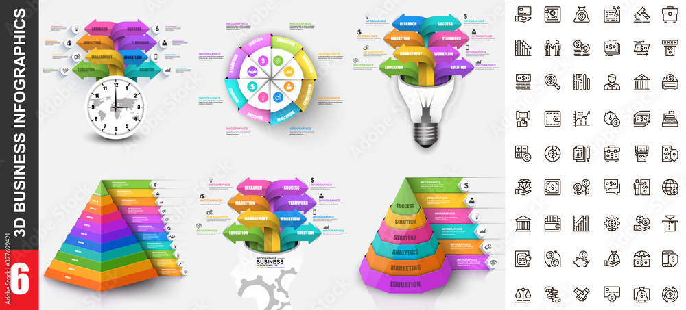 Aufkleber bundle 3d infographics vector design template with set business icons pixel perfect. can be used for