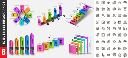 Bundle 3d infographics vector design template with set business icons pixel perfect. Can be used for steps, business processes, workflow, diagram, flowchart concept, marketing icons, info graphics.