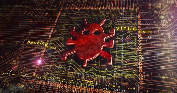 Computer virus attack, cyber security, malware, crime, spying software technology with digital worm metal symbol and text on circuit board. Abstract concept 3d rendering animation.