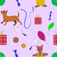 Naklejka premium Seamless pattern with kidish symbols and signs such as toys and dogs. Drawn in attractive for children colours.