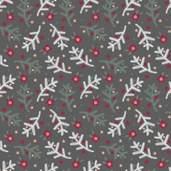 seamless christmas pattern with white fir branches and festive elements on dark background