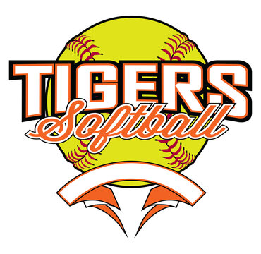Tigers Softball Design With Banner and Ball is a team design template that includes a softball graphic, overlaying text and a blank banner with space for your own information. Great for advertising.