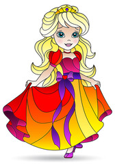 Fototapeta na wymiar Illustration in stained glass style of a cartoon Princess in a bright dress, isolated on a white background