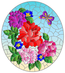 Naklejki  Ilustracja w stylu witrażu z kwiatami róży i motylem na niebieskim tle, owalny obraz