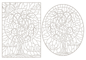 Set contour illustrations of stained glass with the image of the trees,dark outlines on a white background