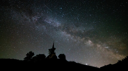 Germany, Black Forest Schwarzwald church or chapel building under millions of stars of the milky...