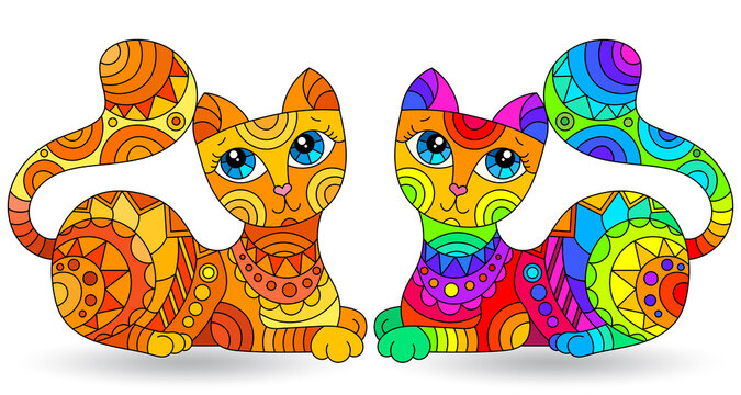 Set of stained glass elements with rainbow cats , isolated images on white background