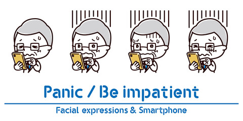 スマホを持った男性の表情のイラスト/焦る/慌てる