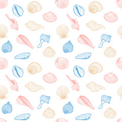 Seamless pattern of seashells. A collection of round and spiral shells in delicate colors. A square pattern of hand-drawn elements. Sketch. Vector illustration. isolated on a white background