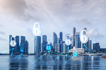 Padlock icon hologram over panorama city view of Singapore to protect business in Asia. The concept of information security shields. Double exposure.