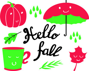 Umbrella autumn set with lettering Hello fall. Cute smiling things at anime style with leaves and raindrops. Pumpkin and coffee mug. Vector illustration. 