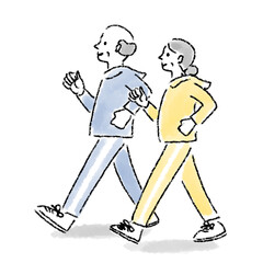 ウォーキング　夫婦　シニア　水彩　手描き
