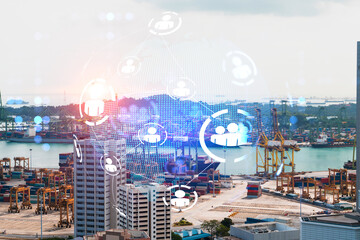 Social media icons hologram over panorama city view of Singapore, Asia. The concept of people networking and connections. Double exposure.