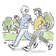 ランニング　夫婦　シニア　水彩　手描き
