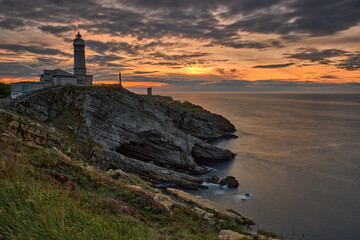 lighthouse on the coast at sunset