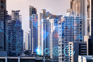 Obraz premium World planet Earth map hologram over panorama city view of Bangkok, Asia. The concept of international connections and business. Multi Exposure.