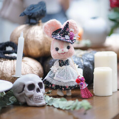 Happy Halloween. A cute bunny felt doll in a wicked witch costume sitting on a black pumpkin. Decoration props for trick or treat candy hunt time for children.