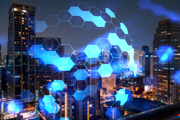 Abstract technology icons, night aerial panoramic cityscape of Bangkok, Asia. The concept of...