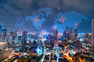 Hologram of Earth planet map on night panoramic cityscape of Bangkok, Asia. The concept of international companies. Multi Exposure.