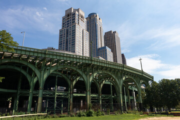 Hudson Parkway with Skyscrapers seen from Riverside Park on the Upper West Side of New York City during Summer