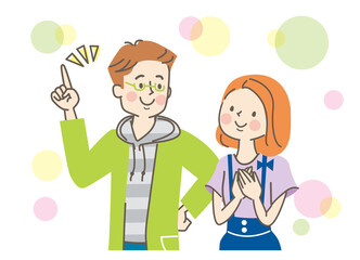 安心する女性と説明する男性