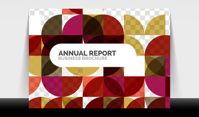 Horizontal A4 business flyer annual report template, circles and triangle style shapes modern geometric design for brochure layout, magazine or booklet