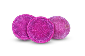 Potato purple sweet on white background