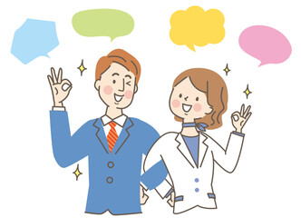 腕を組んでOKサインをする仲良し若い男女