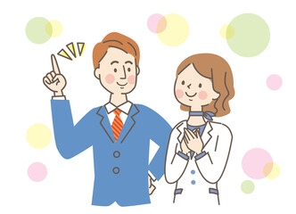 安心する女性と説明する男性/ビジネスマン