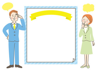 スーツ姿の若いスタッフとタイトル枠