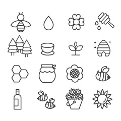 Simple set of bee and honey icon isolated. Flower and tree concept modern outline on white background