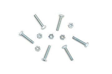 Close up of bolts and nuts.
Clipping path of bolts and nuts on white background,top view.