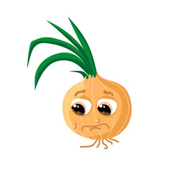 The head of an Onion with a green feather, sad and crying. Vector illustration in cartoon style. Isolated on a white background.  