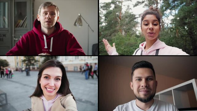 Collage of video conference call, remote work, chat application, learning during coronavirus pandemic, freelancers communication, startup team work, friendship during closed boarders lockdown