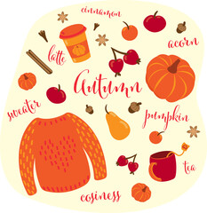 Cozy hygge style. Warm autumn mood. Knitted sweater, pumpkin, tea, pumpkin latte, cinnamon, apple, acorn, pear, clove, spices. Coffee to go mug. Lettering "autumn, cozy, tea". Fall vibes, boho.