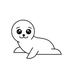 Cute white baby seal in kawaii style. Little smiling harp seal. Wildlife animals drawing. Funny seal with outline. Cartoon character animal on white background. Vector illustration, flat, clip art. 