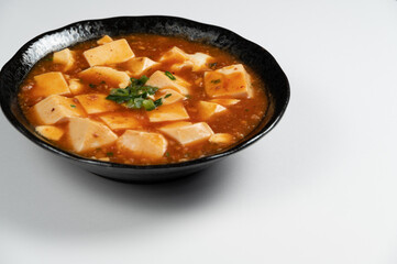 Material of traditional chinese food,Mapo Tofu with green onion and hot spicy on white background.
