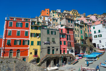 Fototapeta na wymiar Colorful seaside buildings of Riomagiorre in the Cinque Terre