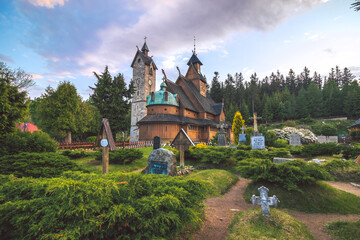 Fototapeta na wymiar Main attraction of Karpacz city in Poland - Norewegian wooden church Wang