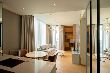 beautiful contemporary modern design apartment with natural light fron bir window white curtain