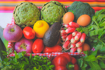 Fresh organic vegetables in basket,  eco friendly shop.