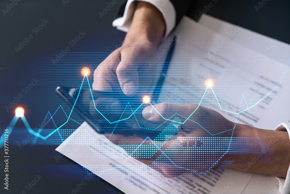 Poster businessman search and analyze using on-line app on phone. financial graph hologram.