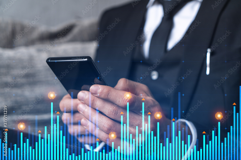 Poster businessman search and analyze using on-line app on phone. financial graph hologram.