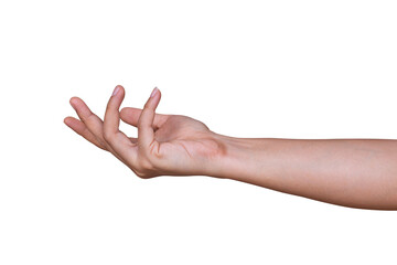 Woman hand show holding something on the palm isolated on white background. Clipping path included