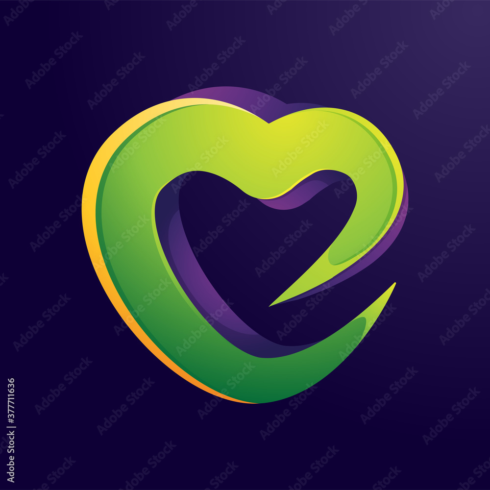 Poster letter e abstract logo, green love logo template