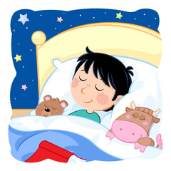 Good night - Daily routine - Little boy with dark hair sleeping in the bed - Illustration	
