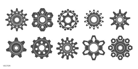 Set of gears .Technical drawing of gear . Rotating mechanism of round parts .Vector illustration.	