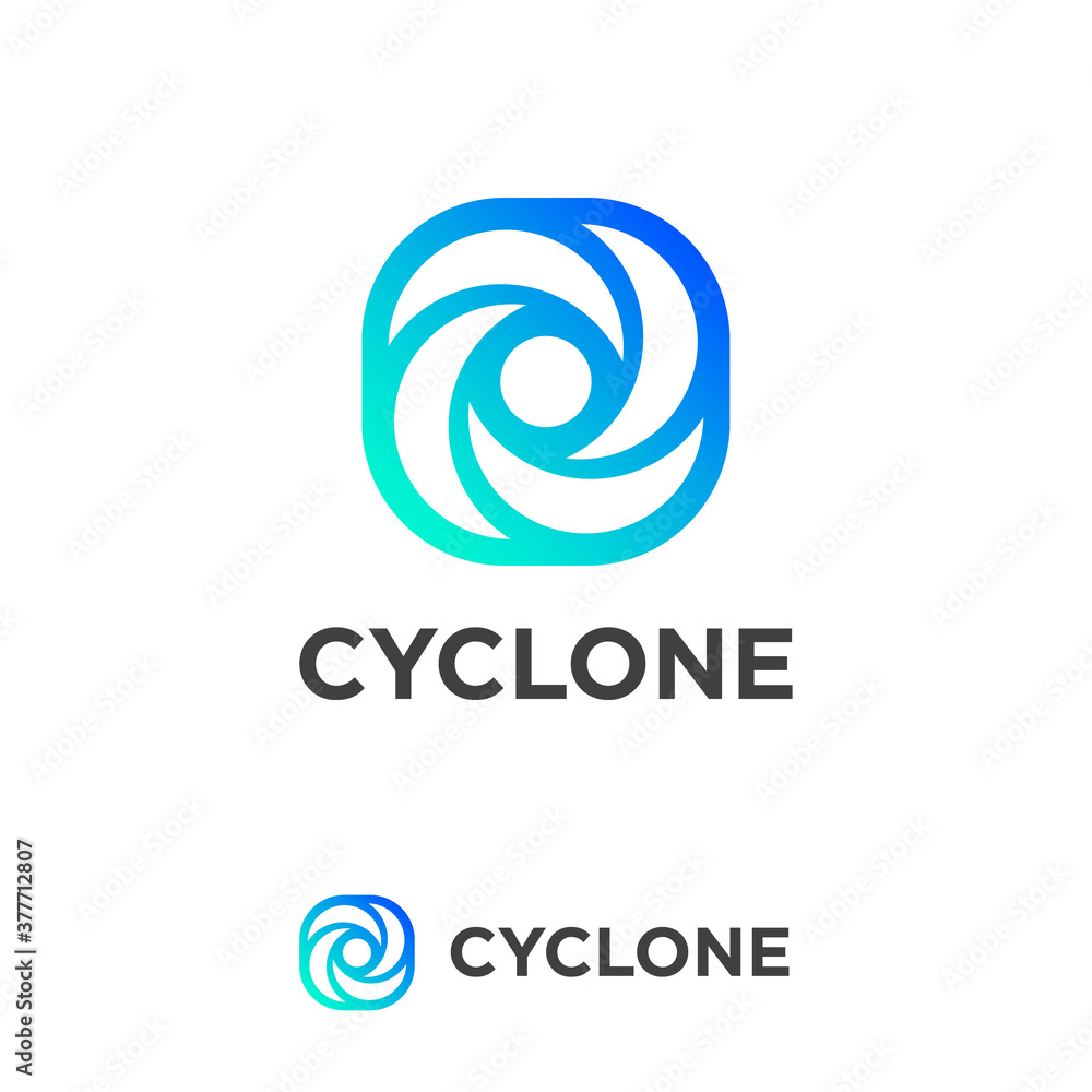 Poster cyclone logo. simple icon with blue gradient. dynamic elements as vortex. logo can be used for produ