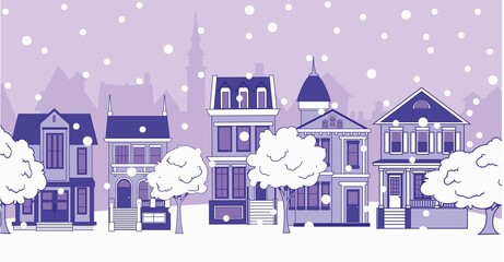 City houses on a snowy street. City and falling snow. Winter vector illustration.